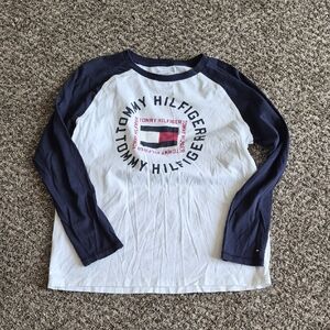 Tommy Hilfiger White & Navy Long-Sleeve Raglan Tee with Logo